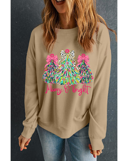 Khaki Merry & Bright Christmas Tree Print Pullover Sweatshirt - L