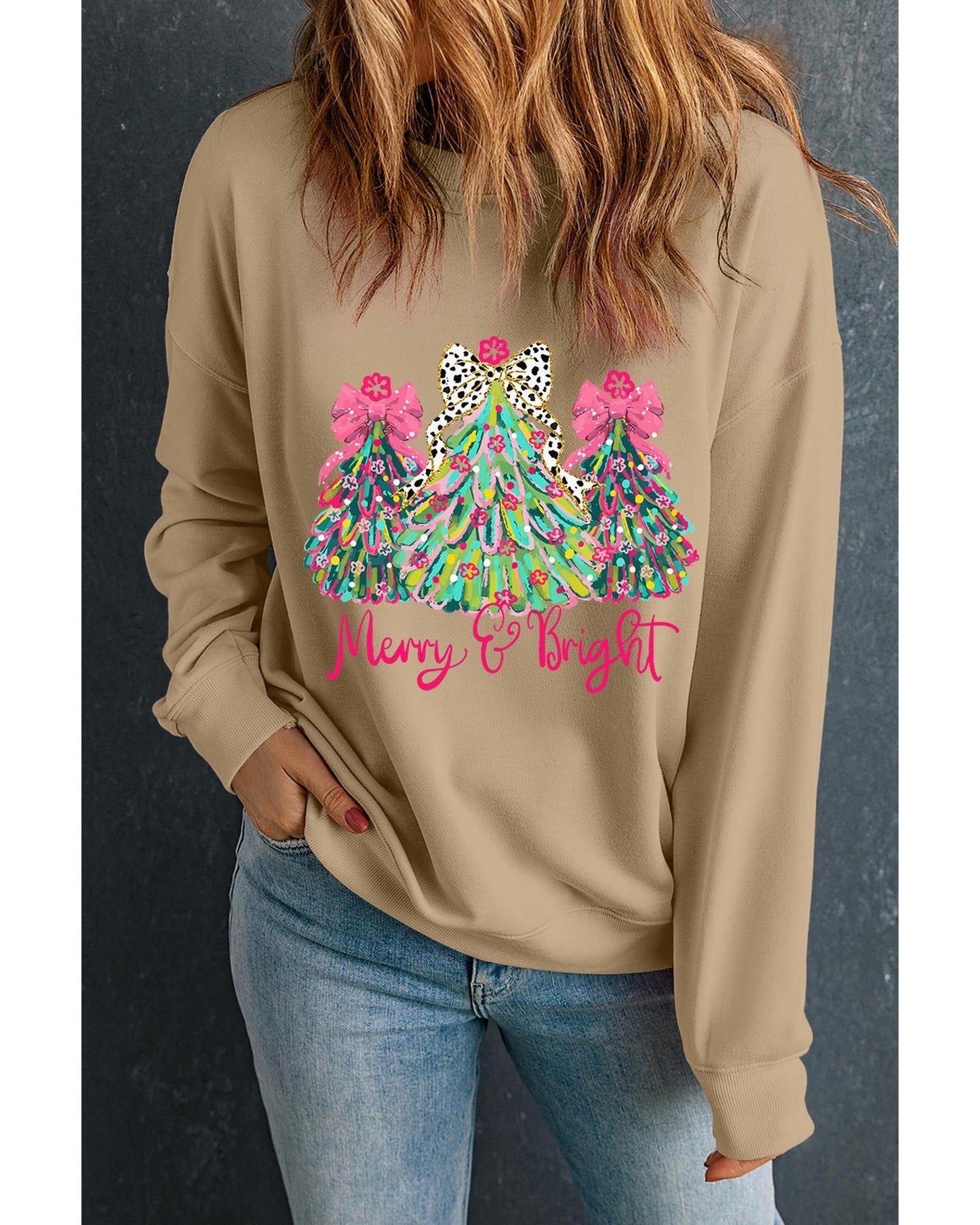 Khaki Merry & Bright Christmas Tree Print Pullover Sweatshirt - L