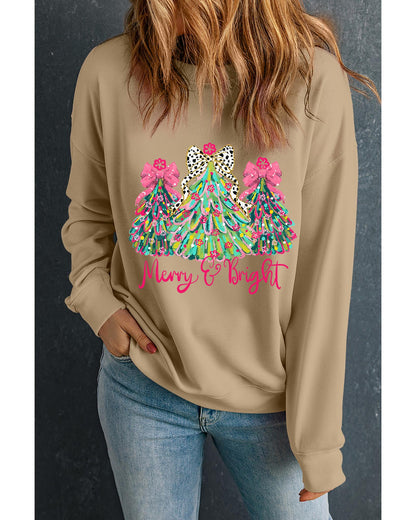 Khaki Merry & Bright Christmas Tree Print Pullover Sweatshirt - L