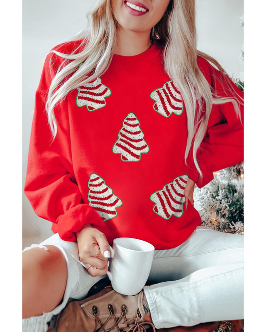 Red Playful Christmas Tree Patched Dropped Shoulder Sweatshirt - XL