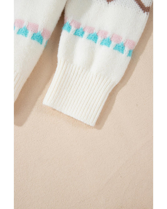 White Striped Christmas Tree Ribbed Trim Drop Shoulder Sweater - M