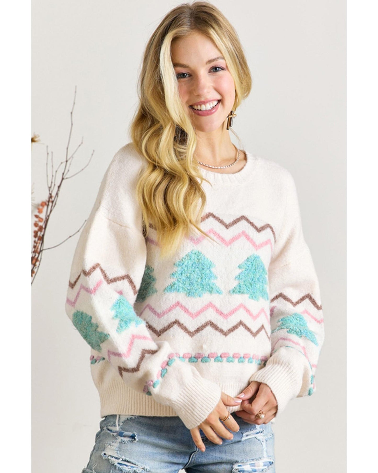 White Striped Christmas Tree Ribbed Trim Drop Shoulder Sweater - S