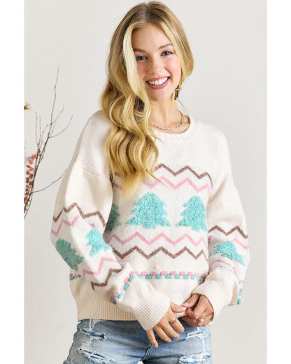 White Striped Christmas Tree Ribbed Trim Drop Shoulder Sweater - S