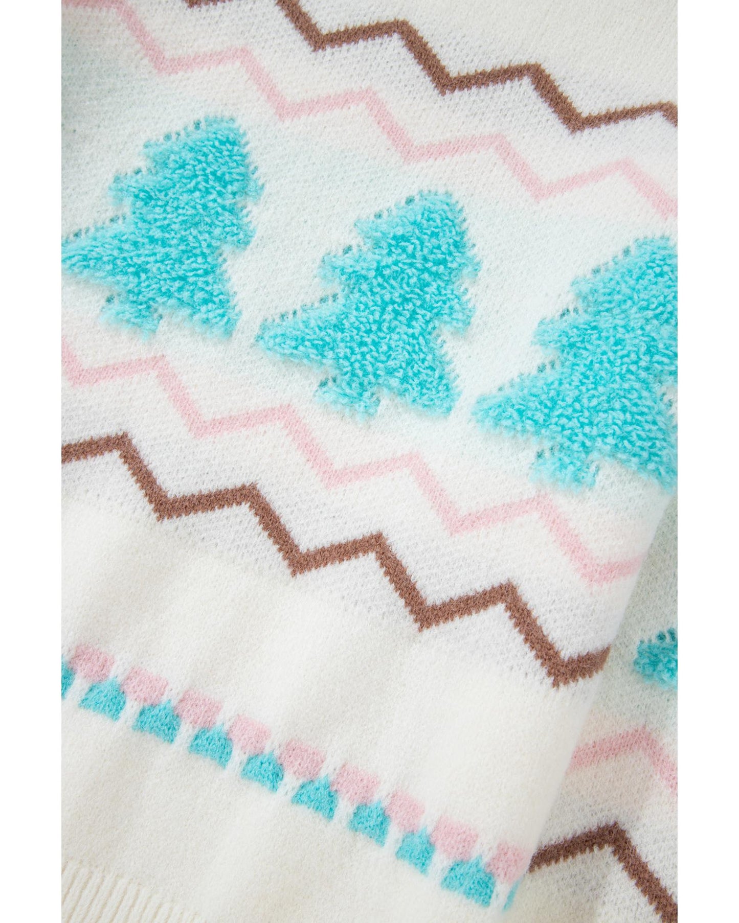 White Striped Christmas Tree Ribbed Trim Drop Shoulder Sweater - S