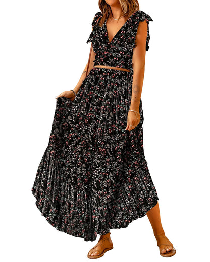 Azura Exchange Floral Ruffled Crop Top and Maxi Skirt Set - XL