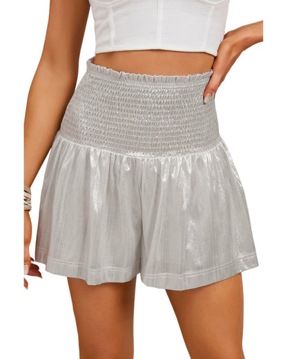 Azura Exchange Smocked High Waist Shorts with Metallic Sheen - L