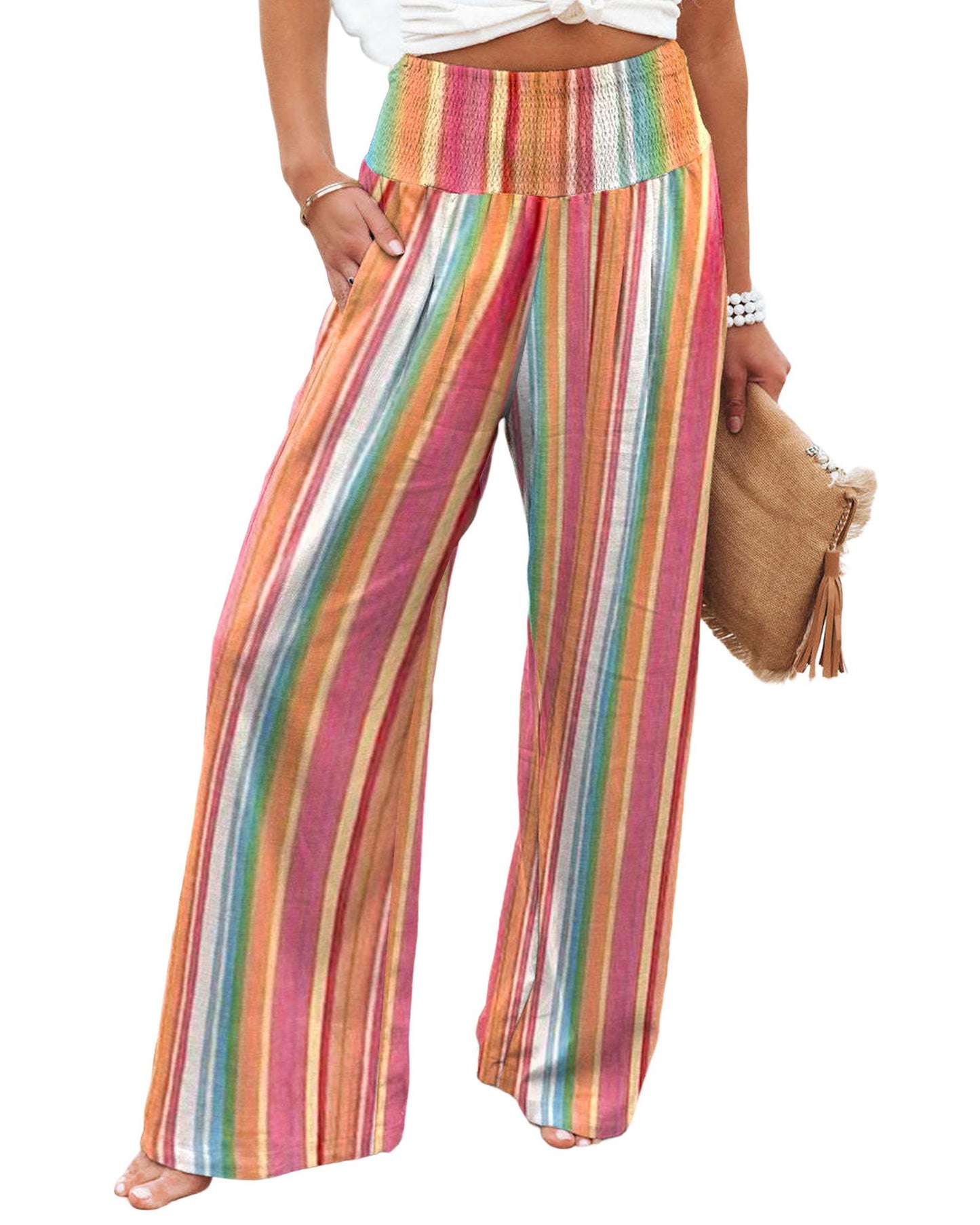 Azura Exchange Striped Smocked High Waist Wide Leg Pants - S