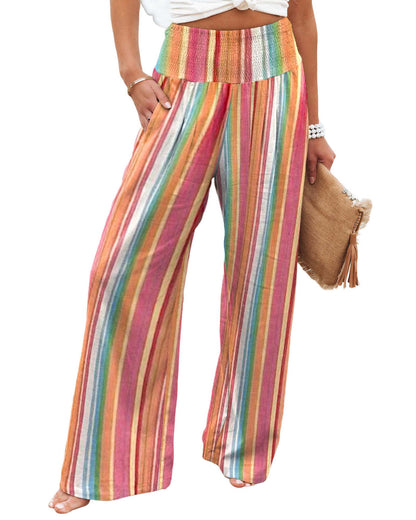 Azura Exchange Striped Smocked High Waist Wide Leg Pants - S