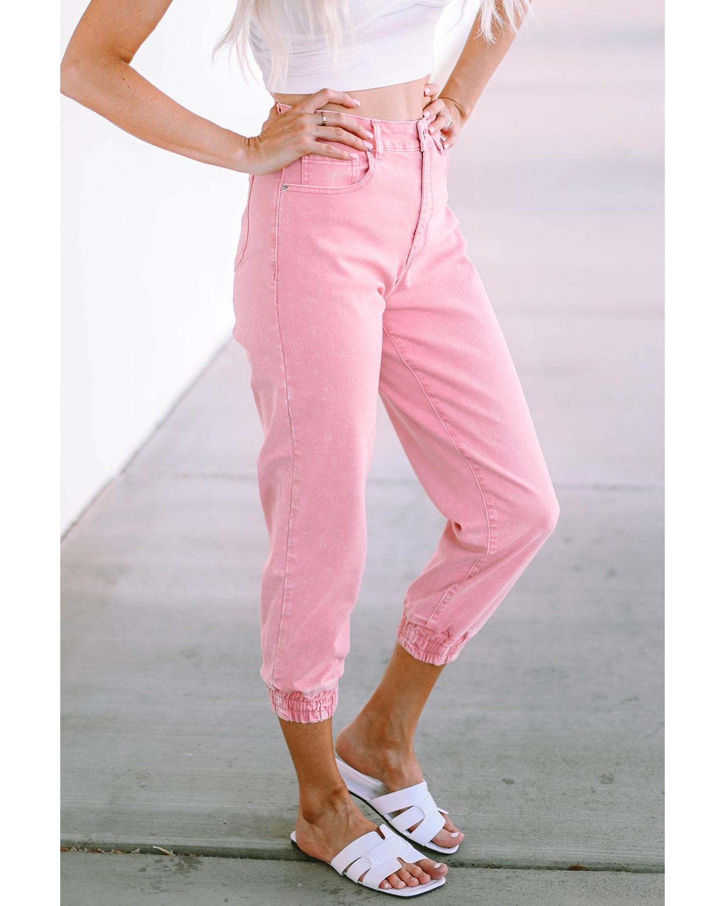 Azura Exchange Acid Wash Elastic Cuffed Jeans - 10 US