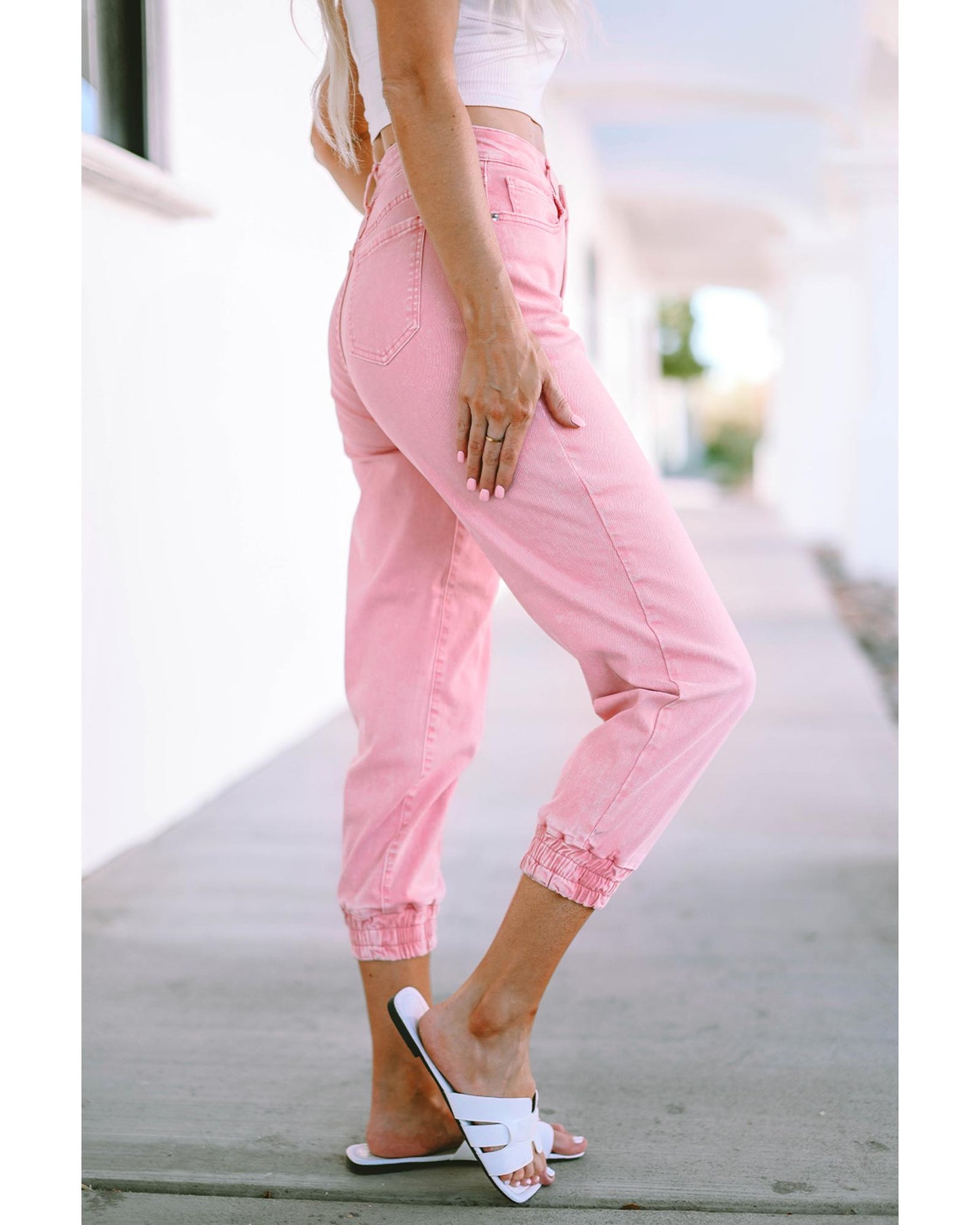 Azura Exchange Acid Wash Elastic Cuffed Jeans - 10 US