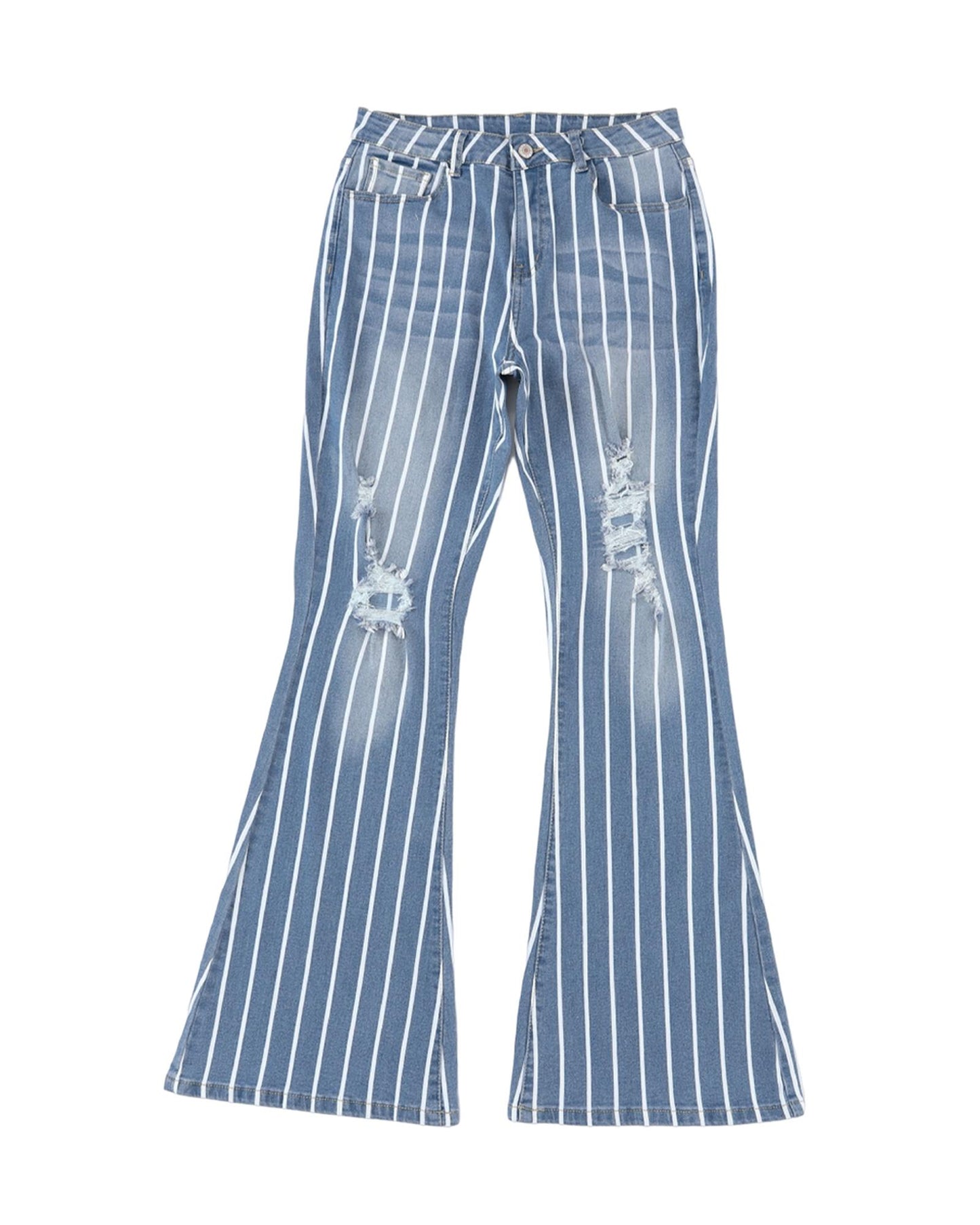 Azura Exchange Vertical Striped Ripped Flare Jeans - 6 US