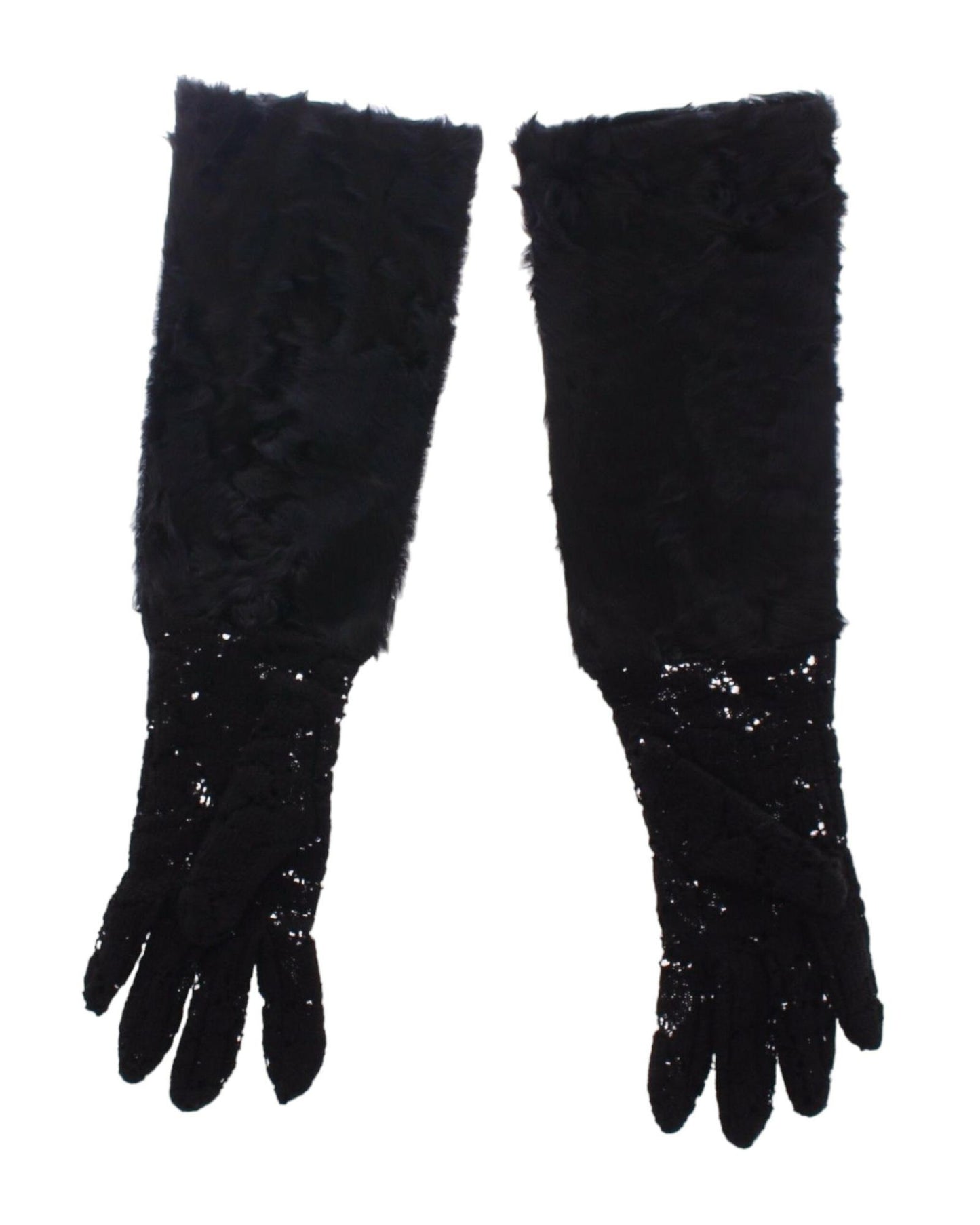 Luxury Black Wool Lace and Xiangao Lamb Fur Gloves 7.5 Women