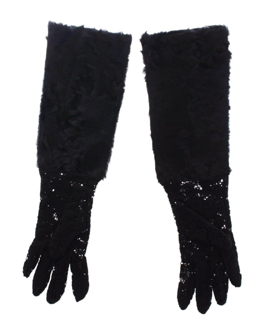 Luxury Black Wool Lace and Xiangao Lamb Fur Gloves 7.5 Women