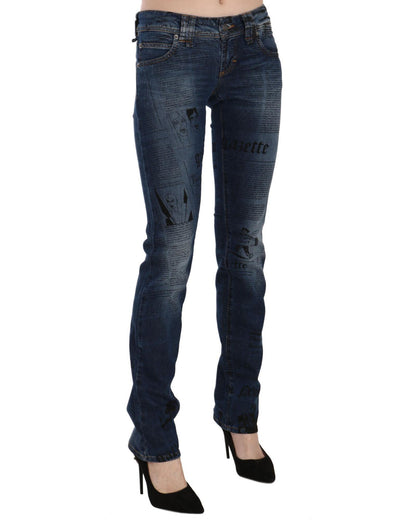 Blue Gazette Newspaper Print Low Waist Skinny Denim Jeans W25 US Women