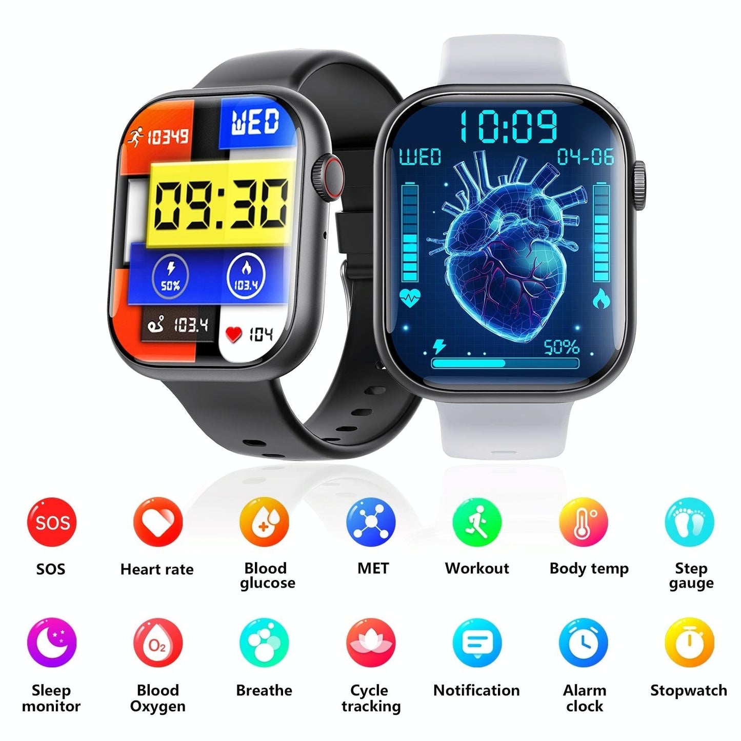 2.1 Inch Screen Smart Watch With Blood Sugar / Blood Oxygen Monitoring / Sos Alarm / 100+ Sports Modes - Black 3-Bead Steel - Black Milan