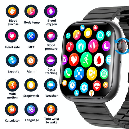 2.1 Inch Screen Smart Watch With Blood Sugar / Blood Oxygen Monitoring / Sos Alarm / 100+ Sports Modes - Black 3-Bead Steel - Black Milan