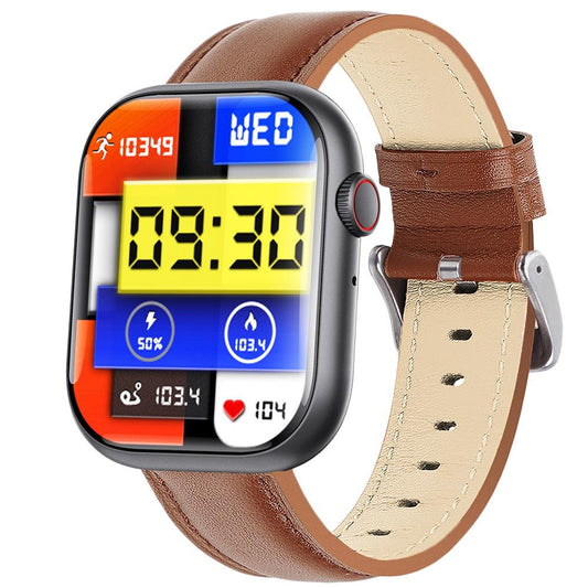 2.1 Inch Screen Smart Watch With Blood Sugar / Blood Oxygen Monitoring / Sos Alarm / 100+ Sports Modes - Black 3-Bead Steel - Black Brown Leather