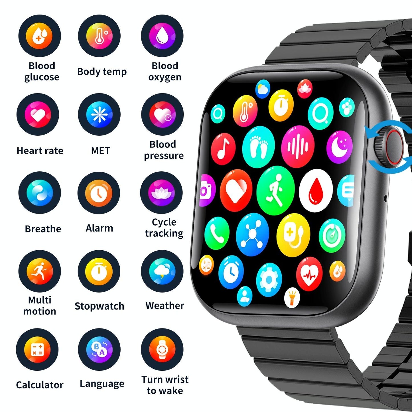2.1 Inch Screen Smart Watch With Blood Sugar / Blood Oxygen Monitoring / Sos Alarm / 100+ Sports Modes - Black 3-Bead Steel - Black Brown Leather