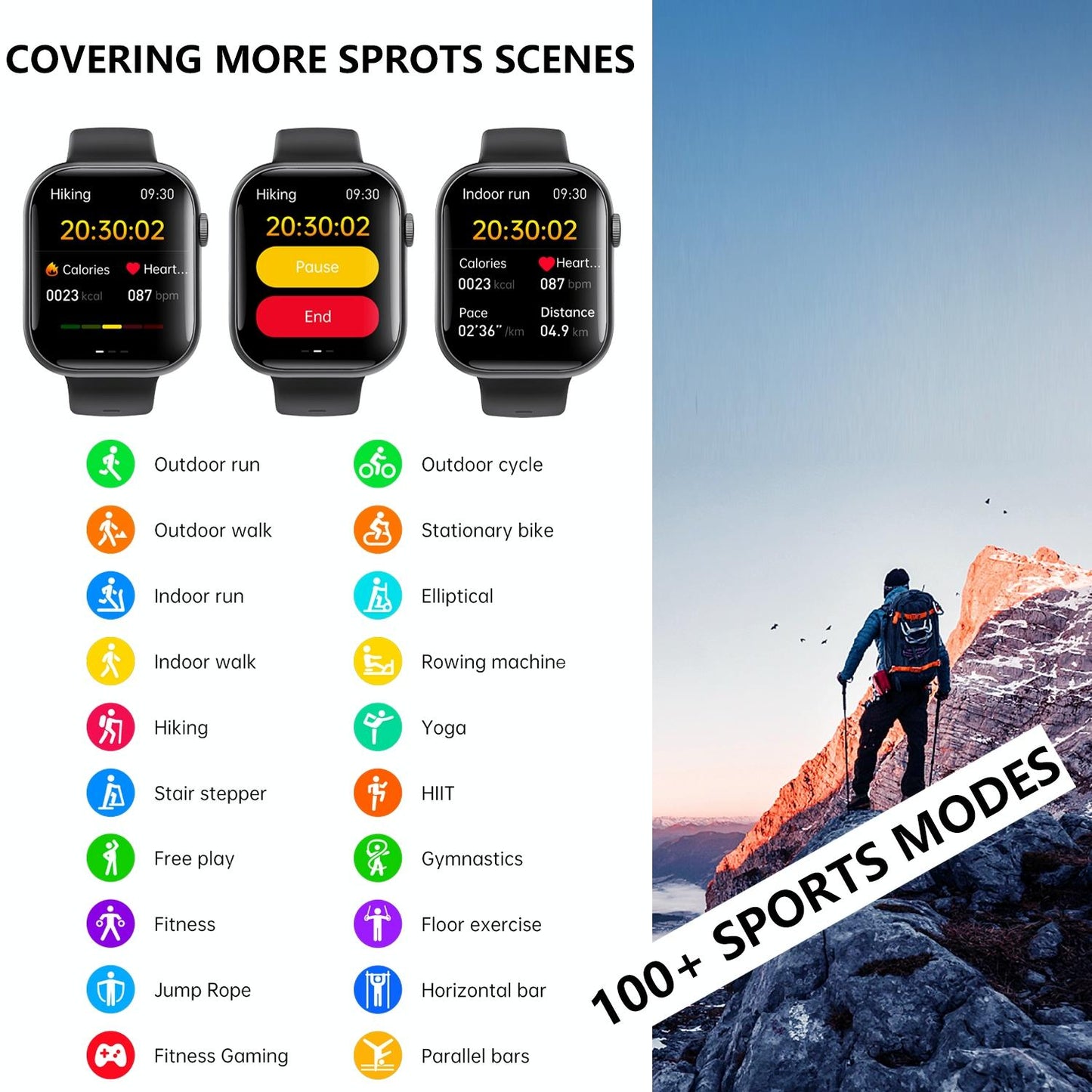 2.1 Inch Screen Smart Watch With Blood Sugar / Blood Oxygen Monitoring / Sos Alarm / 100+ Sports Modes - Black 3-Bead Steel - Black Bamboo