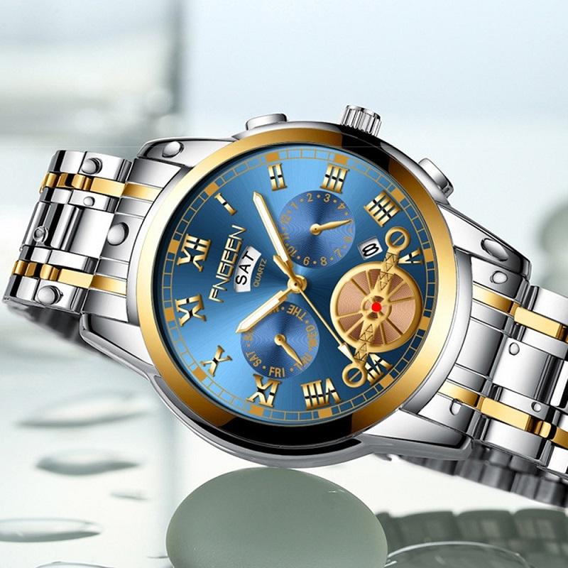 Gold Black Multi-function Men Quartz Watch with Gold Nails
