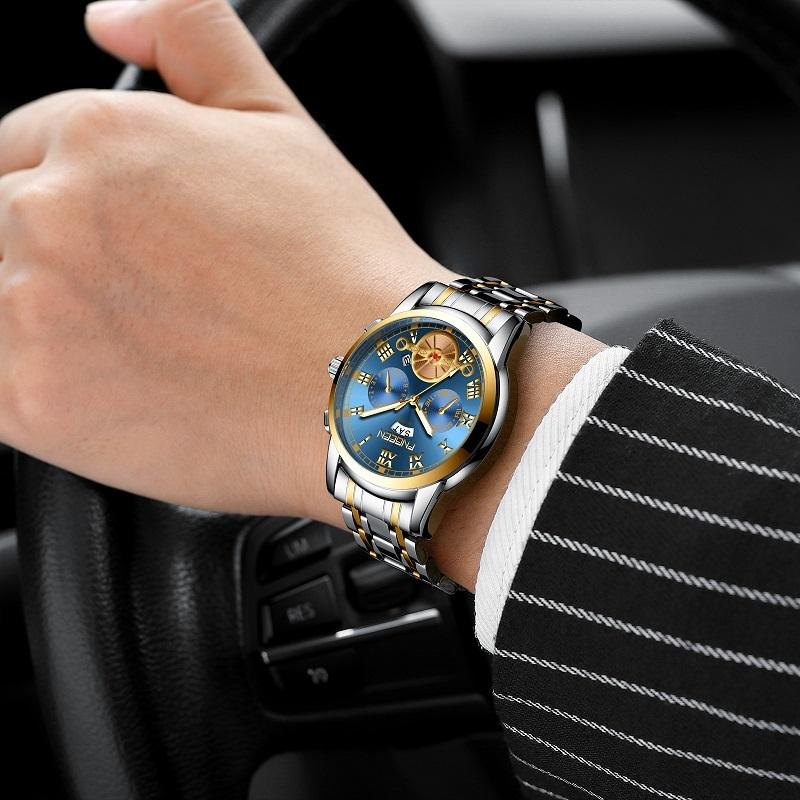Gold Black Multi-function Men Quartz Watch with Gold Nails