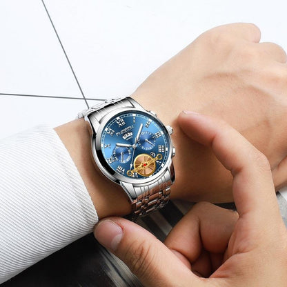 Gold Black Multi-function Men Quartz Watch with Gold Nails
