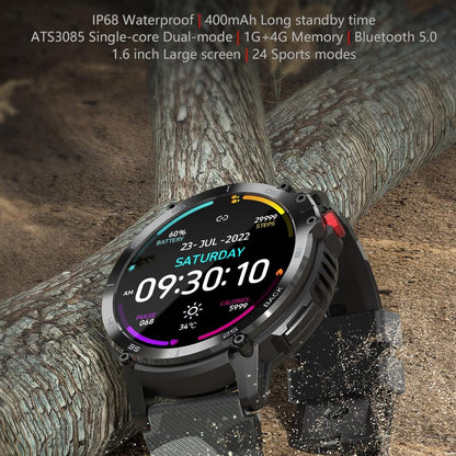 1.6 Inch Round Screen Bluetooth Smart Watch Support Health Monitoring & 24 Sports Modes Black