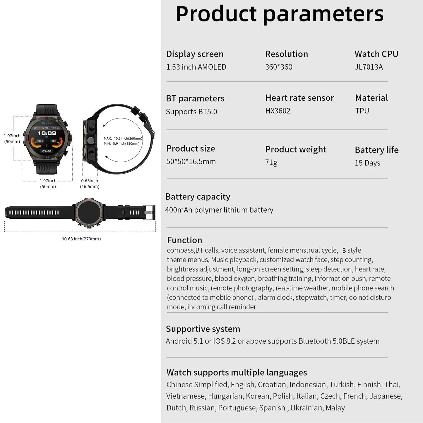 1.53 Inch Ip67 Bt5.0 Sport Smart Watch With Earbuds Support Bluetooth Call / Sleep / Blood Oxygen / Heart Rate / Blood Pressure Health Monitor - Black