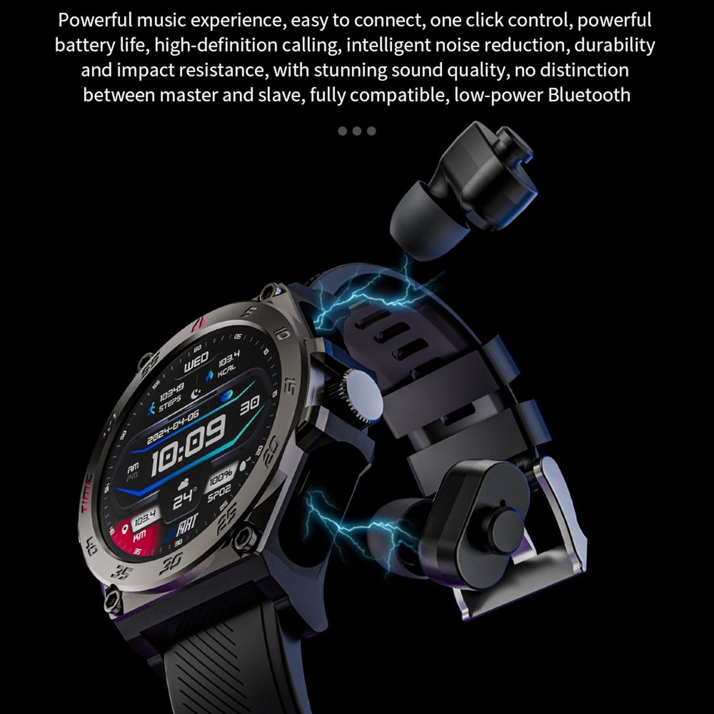 1.53 Inch Ip67 Bt5.0 Sport Smart Watch With Earbuds Support Bluetooth Call / Sleep / Blood Oxygen / Heart Rate / Blood Pressure Health Monitor - Black