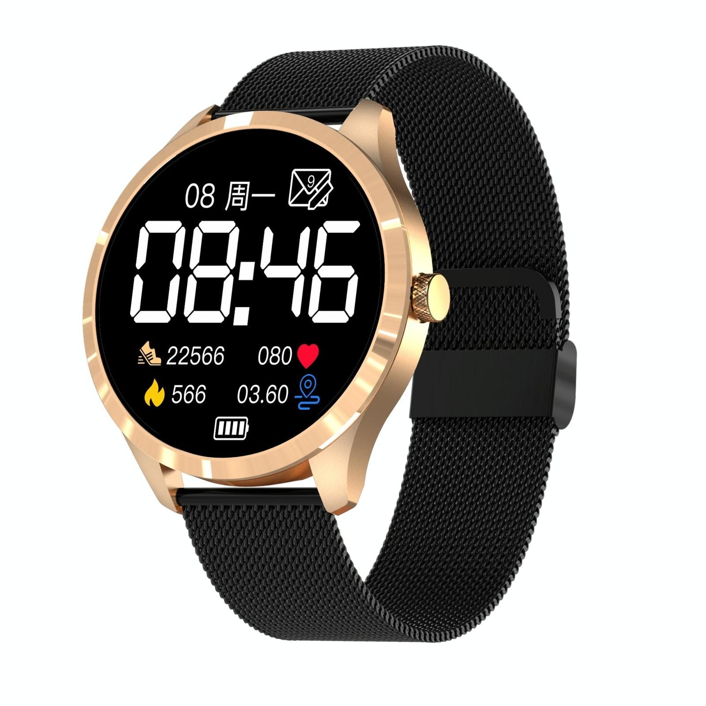 1.28 Inch Ips Colour Screen Ip67 Waterproof Smart Watch Support Blood Pressure Monitoring / Heart Rate Monitoring / Sleep Monitoring - Black Gold
