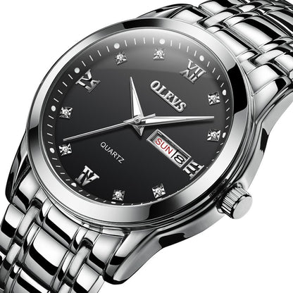 Waterproof Dual Calendar Quartz Watch for Men with Luminous Design - Black