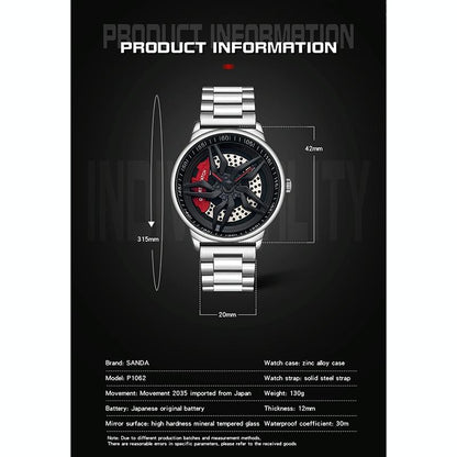 Men 360 Degree Hollow Spinning Dial Quartz Watch with Steel Strap - Silver