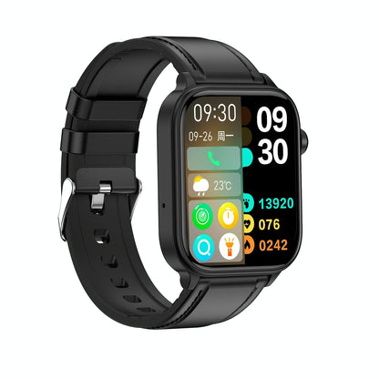 1.96 Inch Colour Screen Smart Watch Leather Strap Support Bluetooth Call / Ecg - Black