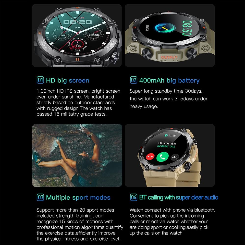 1.39 Inch Heart Rate / Blood Pressure / Blood Oxygen Monitoring Smart Calling Watch - Black