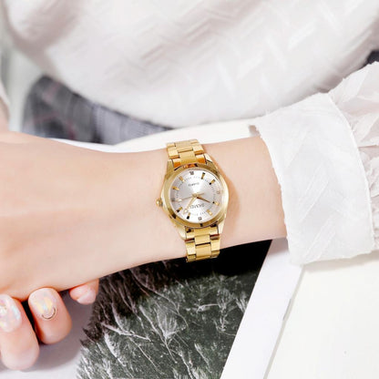 Waterproof Quartz Women Watch with Rhinestone Steel Strap - Delicate and Creative - Gold