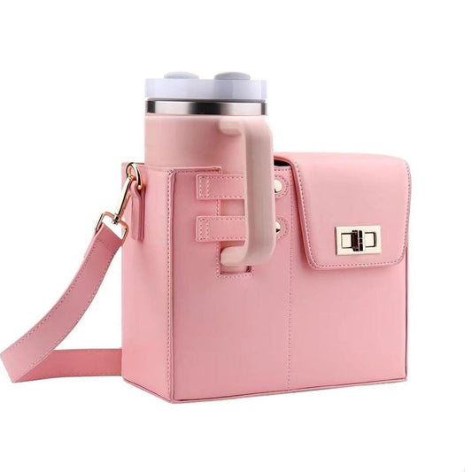 Leather Shoulder Bag For Water Bottles Fits Most Brands - Pink