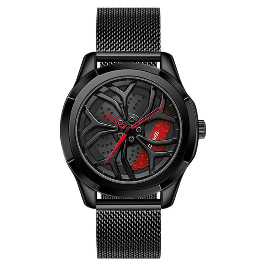 Men Mesh Belt Quartz Watch with 3d Hollow out Wheel - Black Red