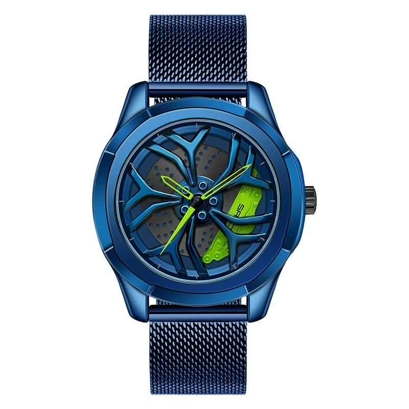 Men Mesh Belt Quartz Watch with 3d Hollow out Wheel - Black Red