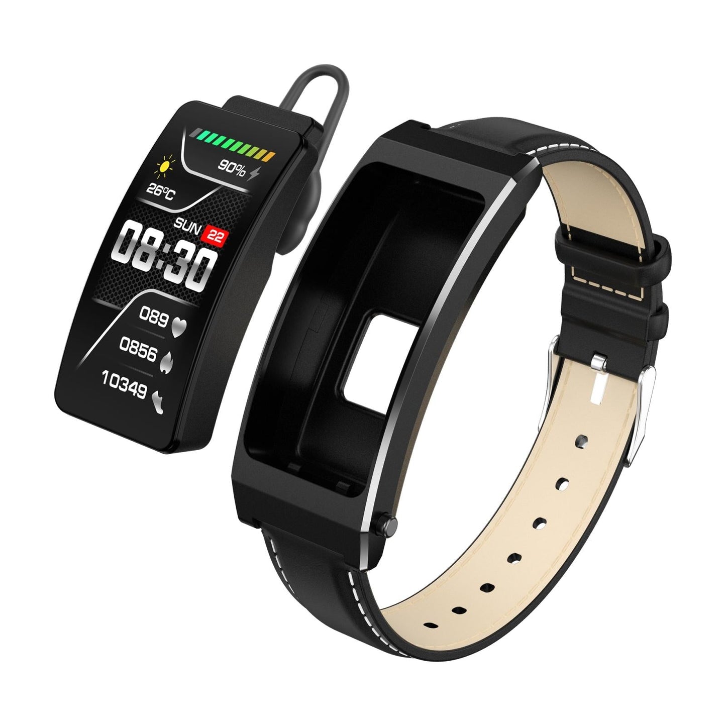 Smart Health Monitoring Bracelet With Bt Call And Leather Strap - Black Silicone Strap