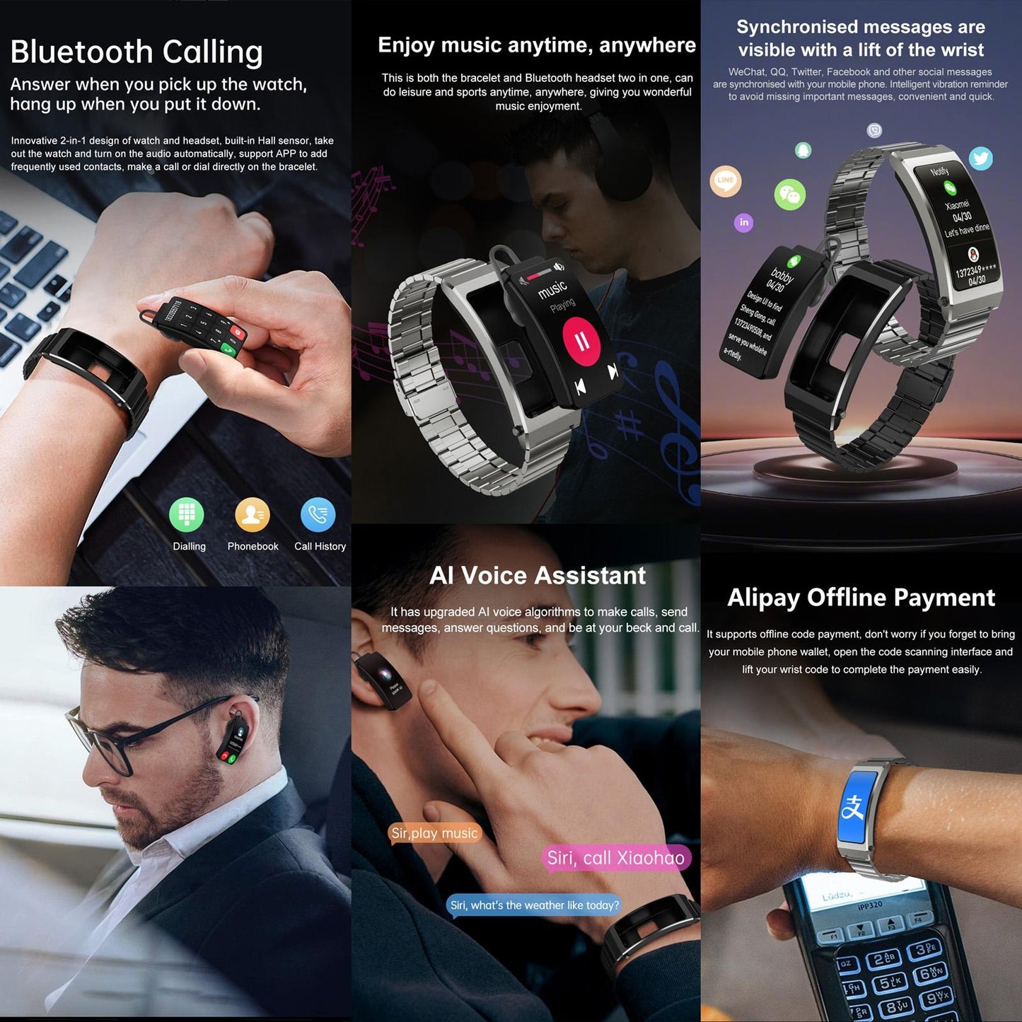 Smart Health Monitoring Bracelet With Bt Call And Leather Strap - Black Silicone Strap