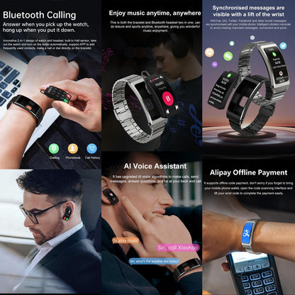 Smart Health Monitoring Bracelet With Bt Call And Leather Strap - Black Silicone Strap