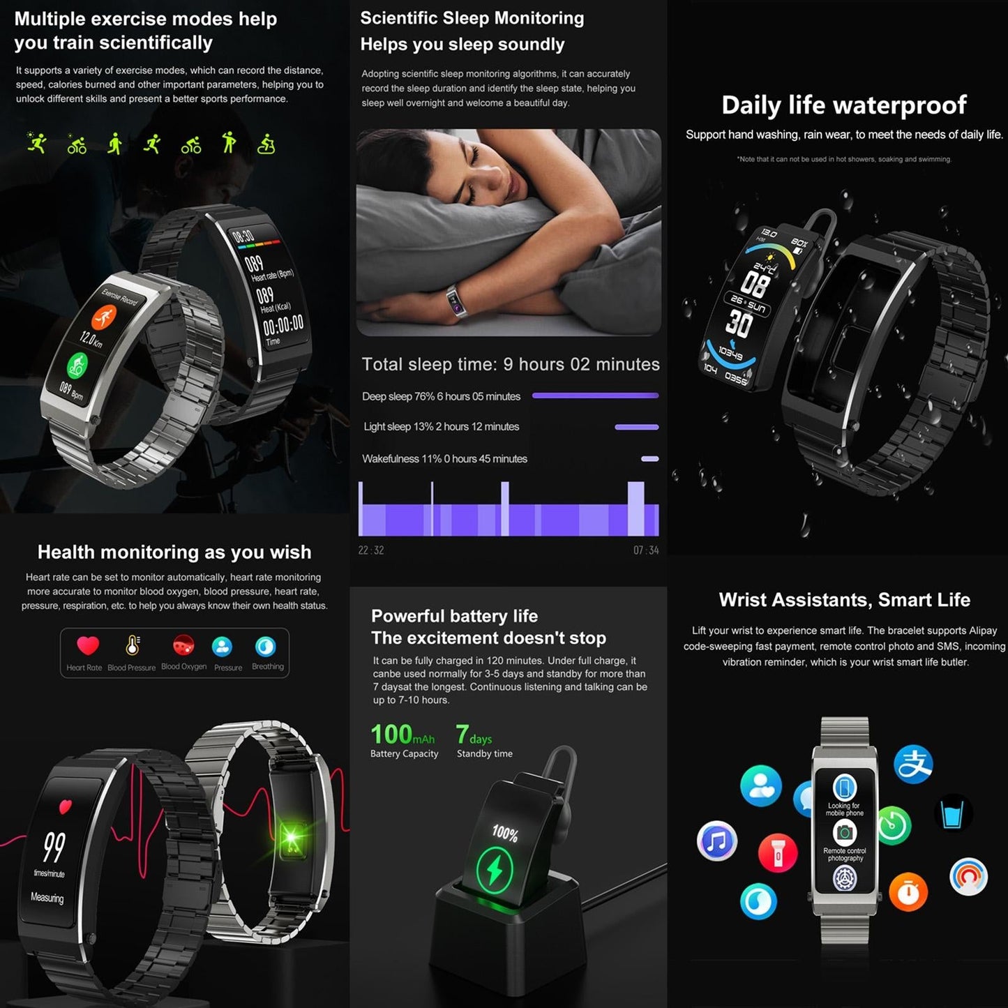 Smart Health Monitoring Bracelet With Bt Call And Leather Strap - Black Silicone Strap