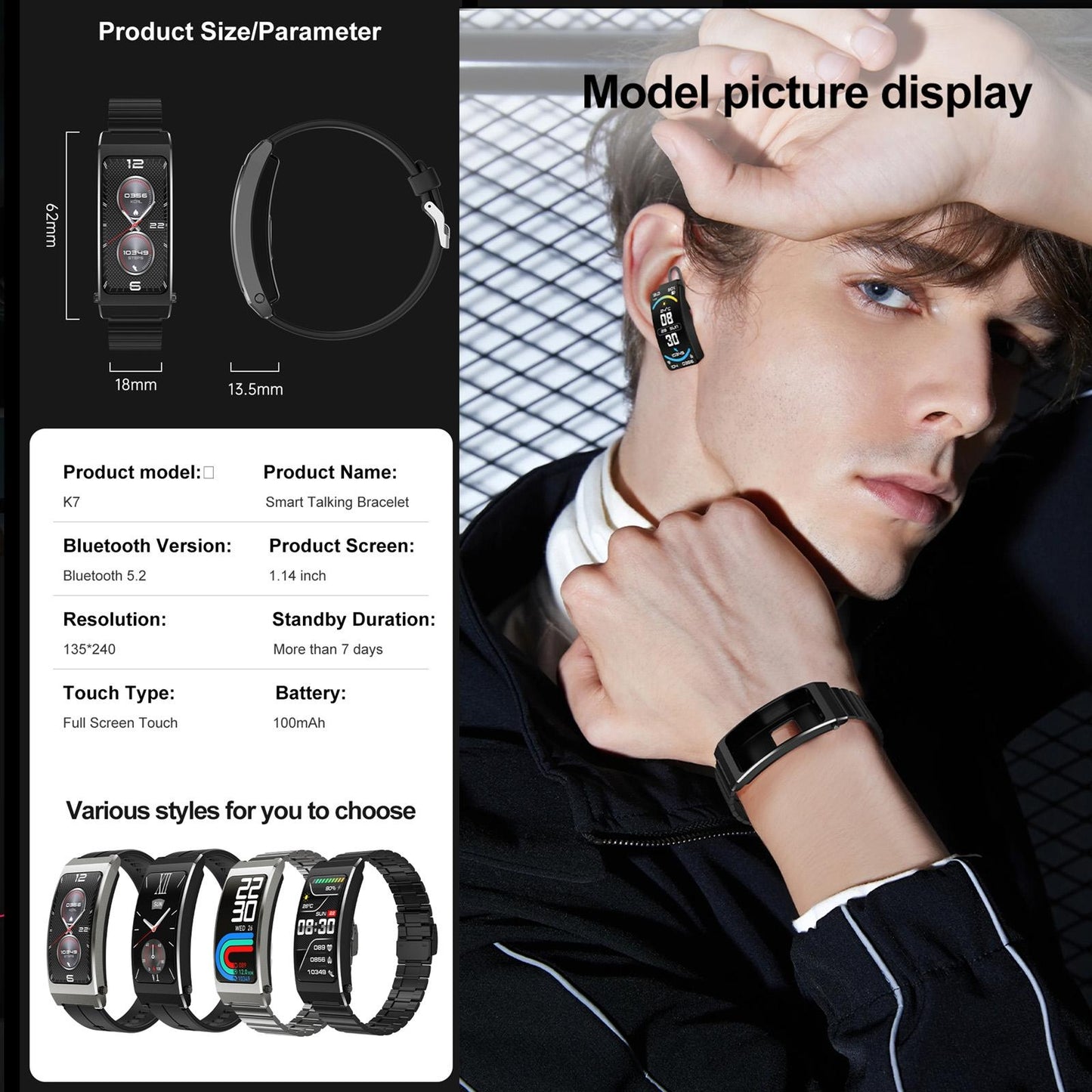 Smart Health Monitoring Bracelet With Bt Call And Leather Strap - Black Silicone Strap