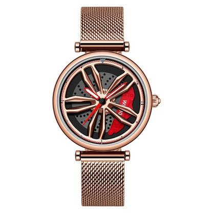 Women Quartz Watch with 3d Hollow out Wheel Design - Black Red
