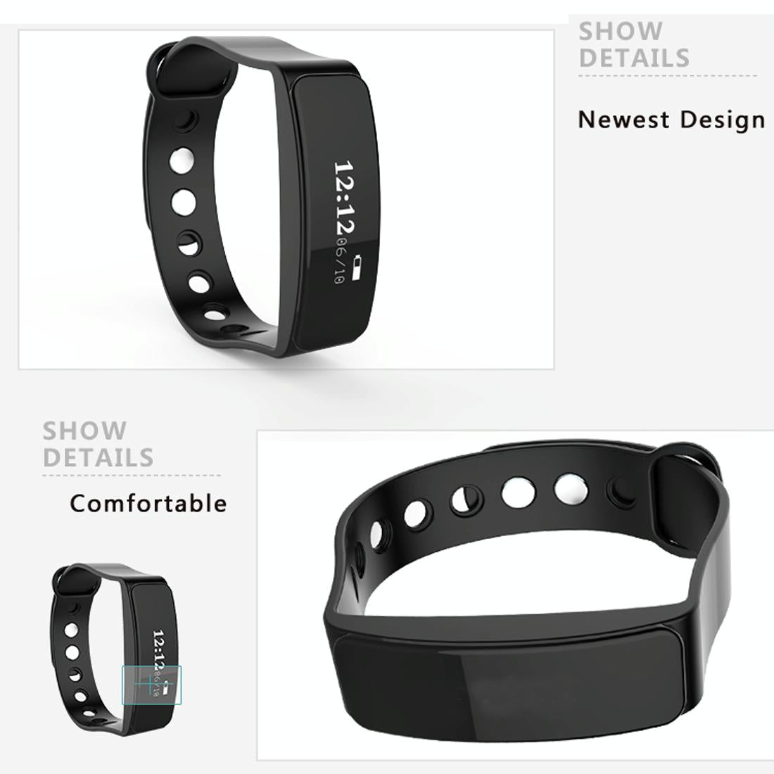 Waterproof Oled Bluetooth Smart Bracelet With Pedometer And Remote Capture For Android / Ios - Black