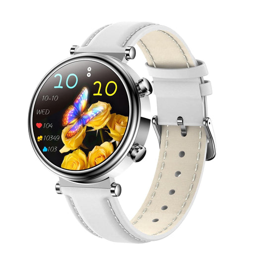 Women Smart Watch With Bt Call Health Tracking And Sos - Compact And Stylish - Silver White Leather