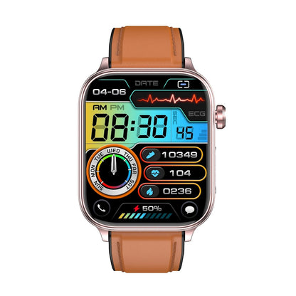 1.96 Inch Colour Screen Smart Watch Leather Strap Support Bluetooth Call / Ecg - Brown
