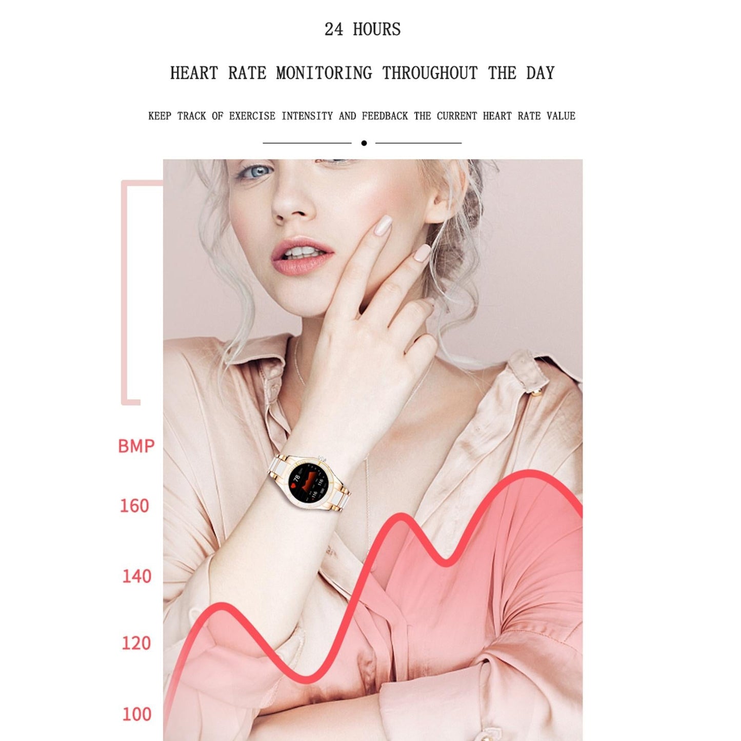 Smart Bracelet With Touch Screen Heart Monitoring Voice Control And Cycle Reminder - Pink