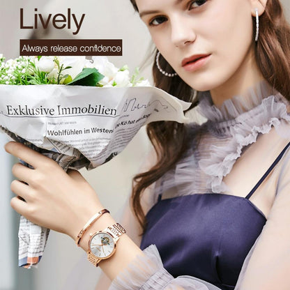 Waterproof Automatic Mechanical Watch for Women with Simple Hollow Design - Black Steel Strip
