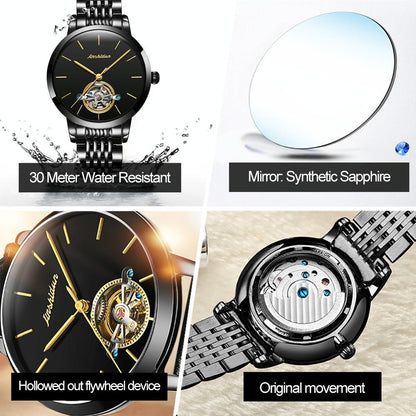 Waterproof Automatic Mechanical Watch for Women with Simple Hollow Design - Black Steel Strip